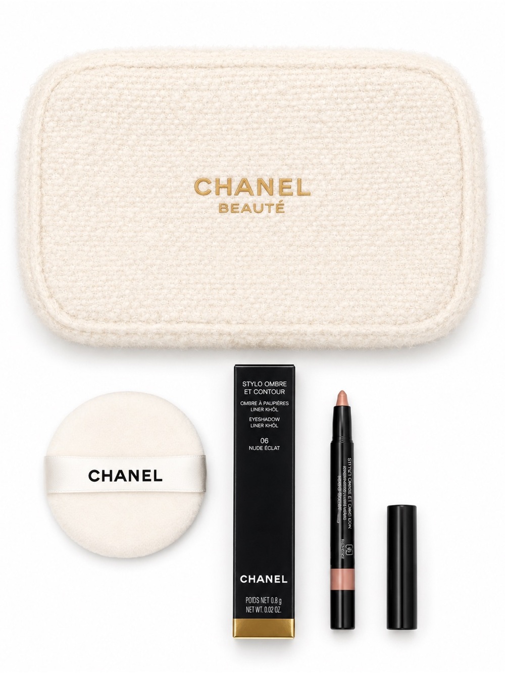 NWT CHANEL Beauté Pouch + Powder Puff + Stylo Ombre et Contour 06 Bundle